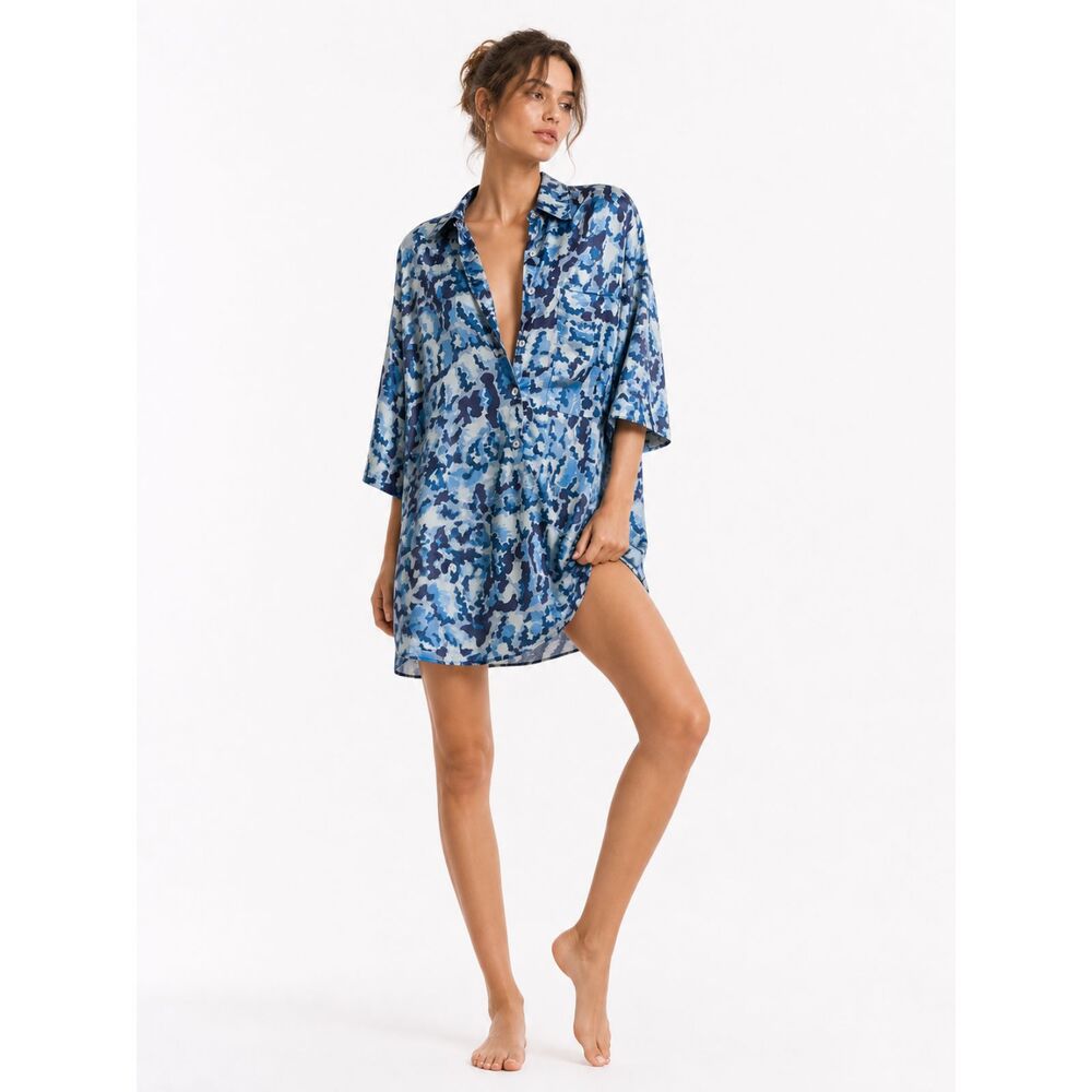 Free People Goddess Blue Floral Oversized Tunic Shirt Dress Boho Cover Up Medium